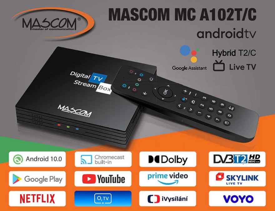 MASCOM MC A102T/C Android TV 10 box 4K s tunerem DVB-T2/C